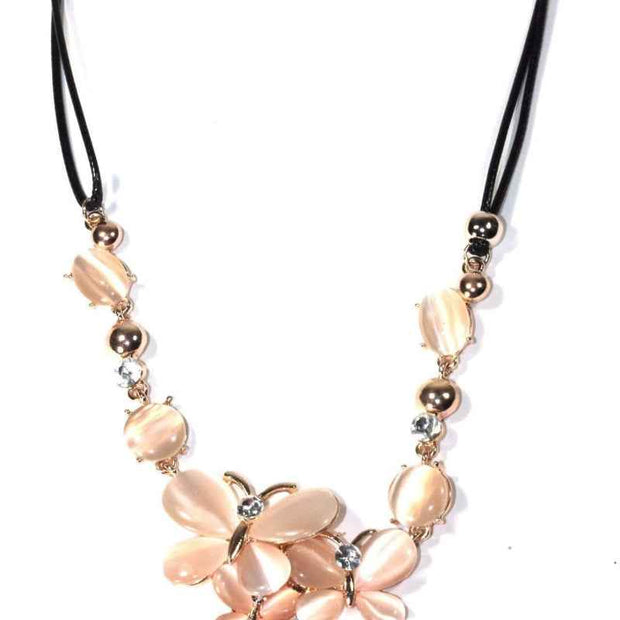 Peach Floral Beaded Pendant Necklace Adjustable Cord