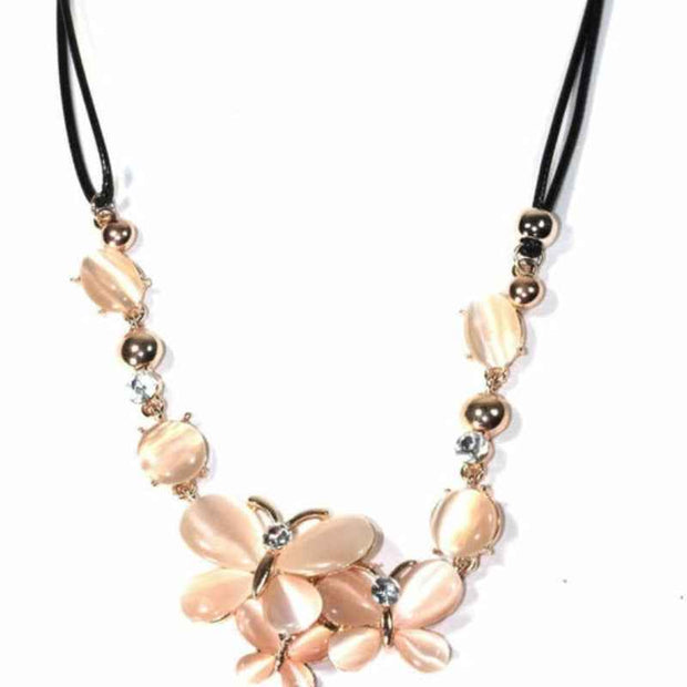 Peach Floral Beaded Pendant Necklace Adjustable Cord