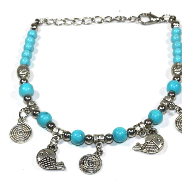 Turquoise Bead Charm Bracelet with Fish & Spiral Charms