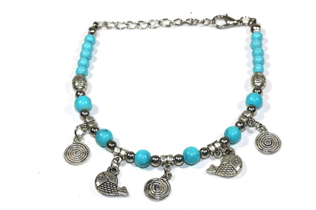 Turquoise Bead Charm Bracelet with Fish & Spiral Charms