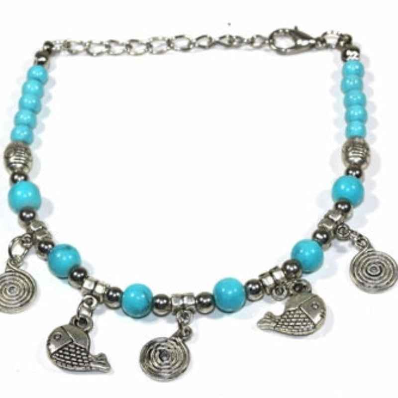 Turquoise Bead Charm Bracelet with Fish & Spiral Charms
