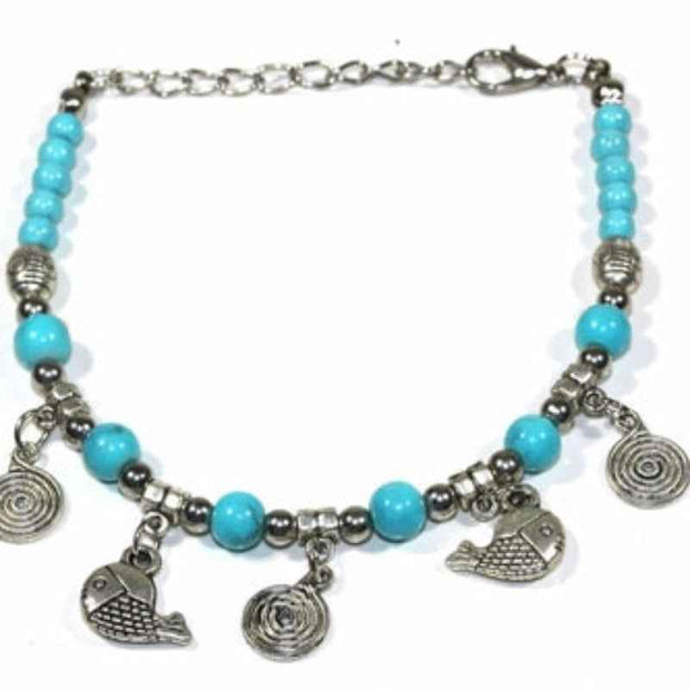 Turquoise Bead Charm Bracelet with Fish & Spiral Charms