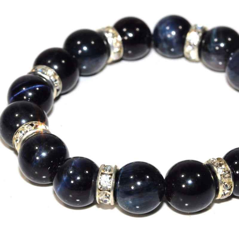 Gemstone Beaded Bracelet – Black Agate with Silver Crystal Spacers