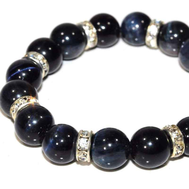 Gemstone Beaded Bracelet – Black Agate with Silver Crystal Spacers