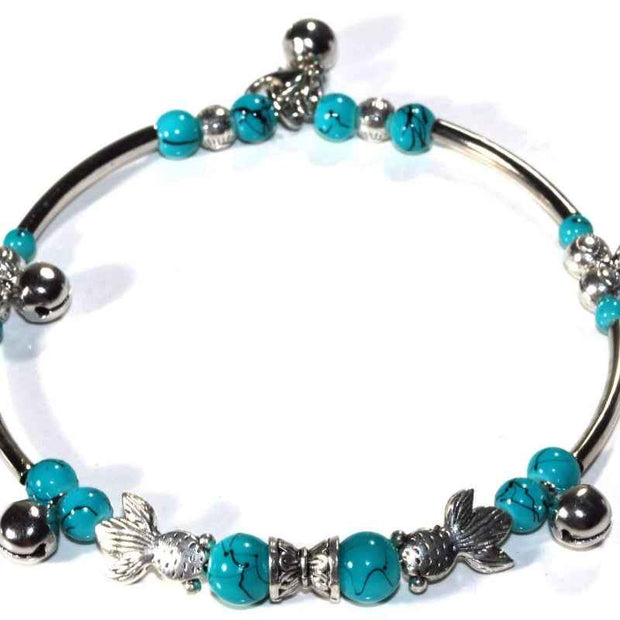 Turquoise Beaded Bangle Bracelet Silver Tone Charm Jewelry