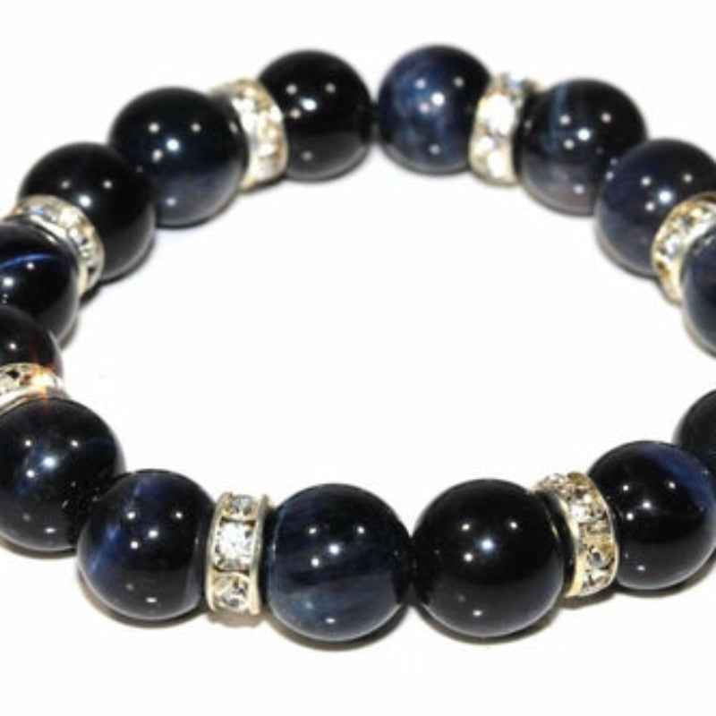 Gemstone Beaded Bracelet – Black Agate with Silver Crystal Spacers