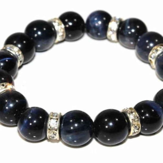 Gemstone Beaded Bracelet – Black Agate with Silver Crystal Spacers
