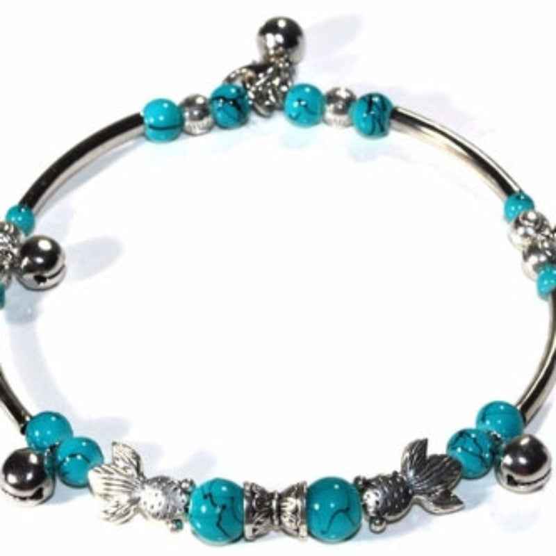 Turquoise Beaded Bangle Bracelet Silver Tone Charm Jewelry