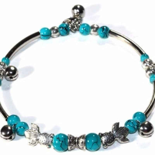 Turquoise Beaded Bangle Bracelet Silver Tone Charm Jewelry