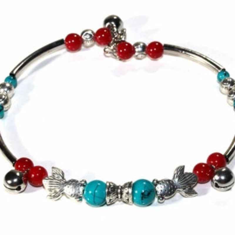 Turquoise Beaded Bangle Bracelet Silver Tone Charm Jewelry