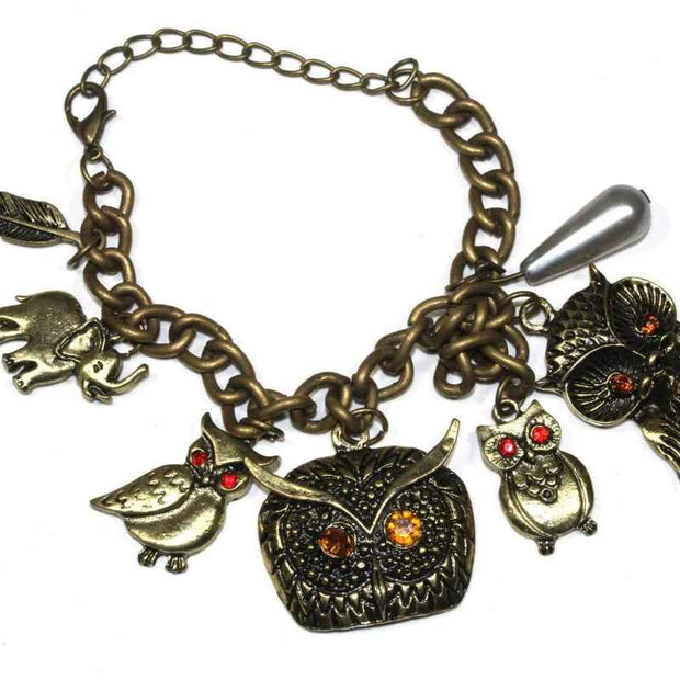 Vintage Owl Charm Bracelet Antique Gold Tone Chain Jewelry