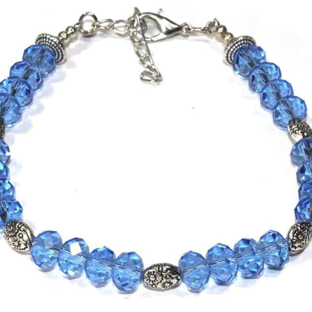 Blue Beaded Bracelet Silver Charm Elastic Jewelry