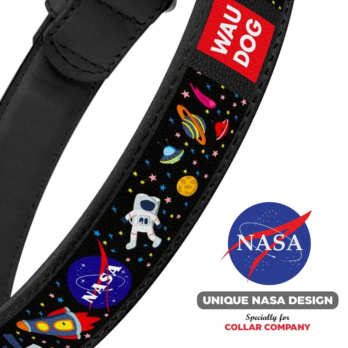 Leather Dog Collar with NASA Design for Medium Dogs