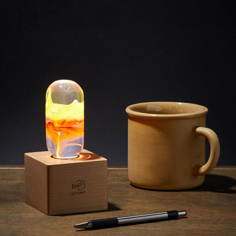 Yellow Orange Swirl Glass Decorative Lamp Bulb with Wooden and Metal Base