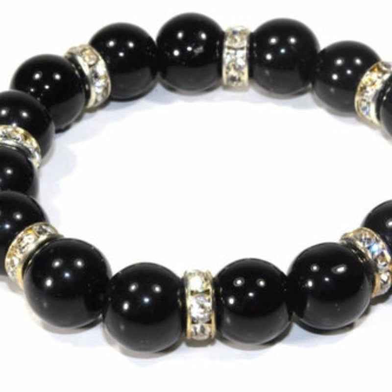 Gemstone Beaded Bracelet – Black Agate with Silver Crystal Spacers
