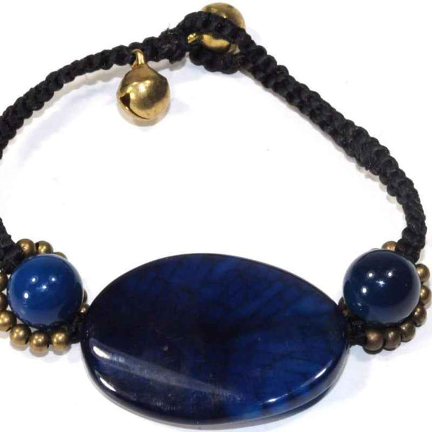 Blue Stone Adjustable Bracelet Black Cord Oval Bead Jewelry