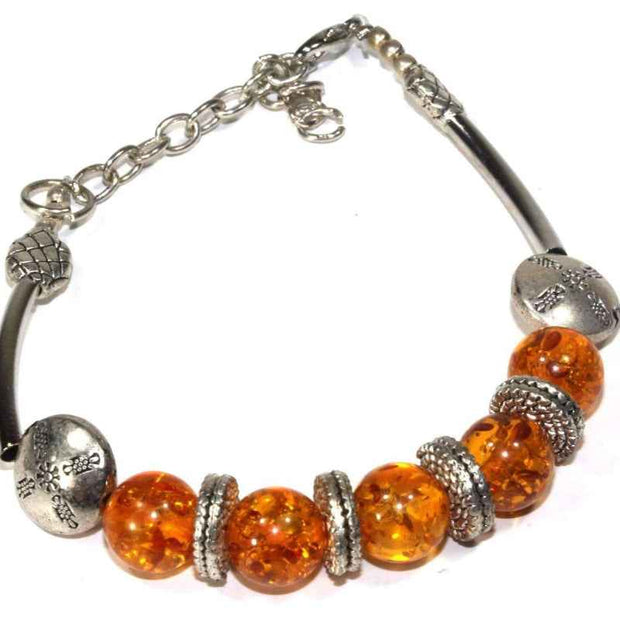 Silver-Tone Charm Bracelet with Amber-Colored Beads