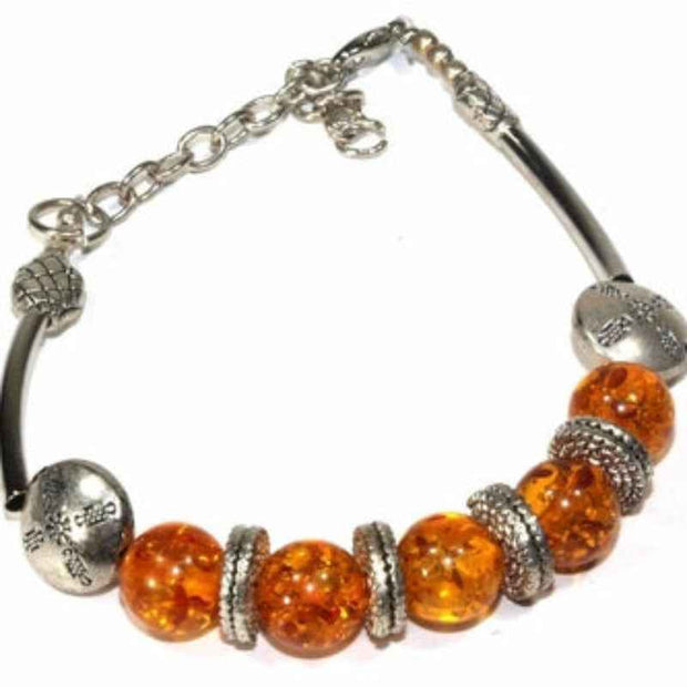 Silver-Tone Charm Bracelet with Amber-Colored Beads