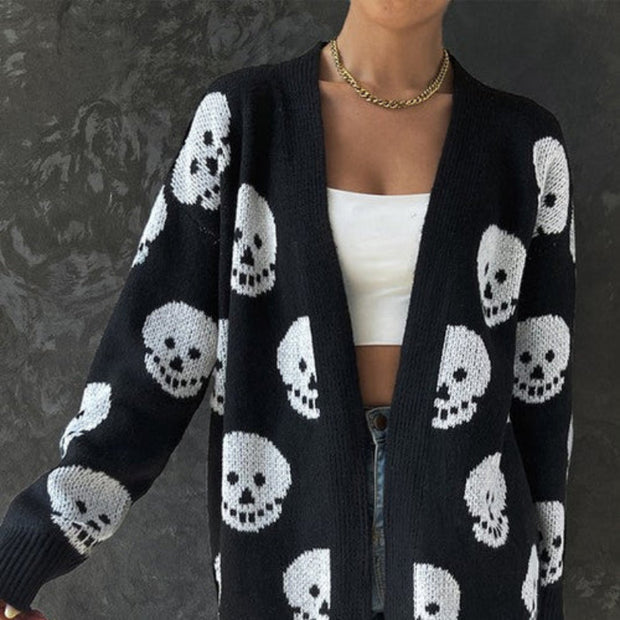 Skull Print Open-Front Knit Cardigan – Black & White