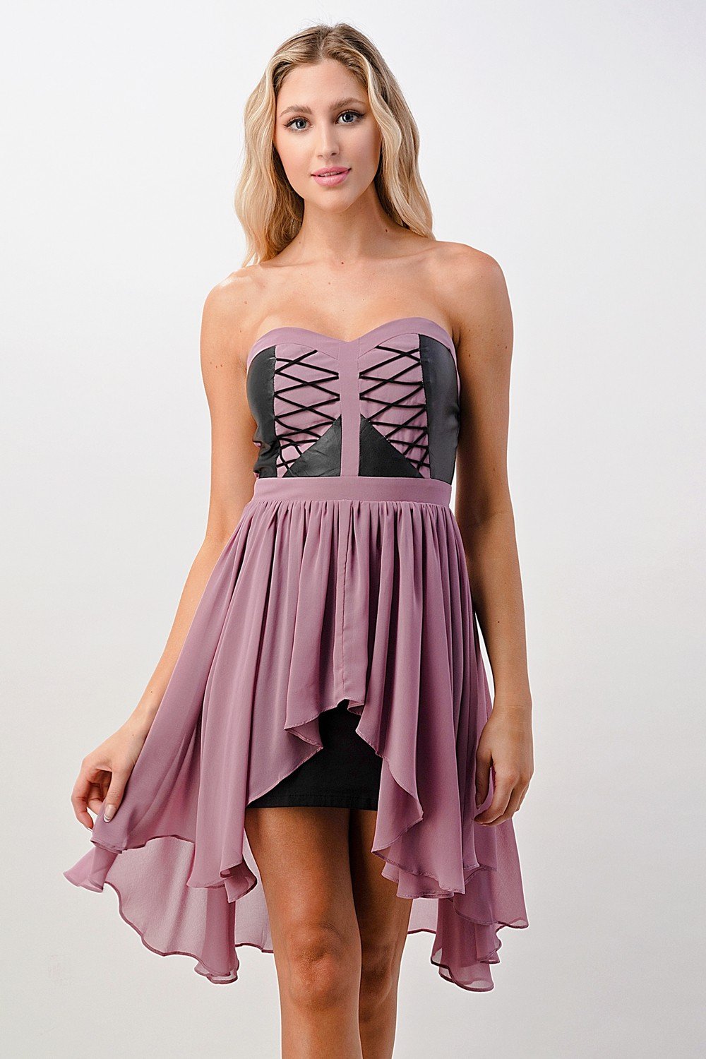 Strapless High-Low Lace-Up Dress
