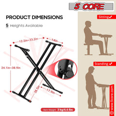 5Core Keyboard Stand Double X Style Adjustable Lift Piano Riser For 49