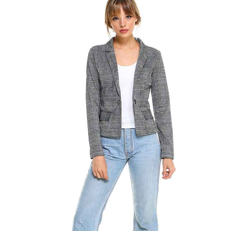 Women Grey Checkered Blazer Casual Style Jacket