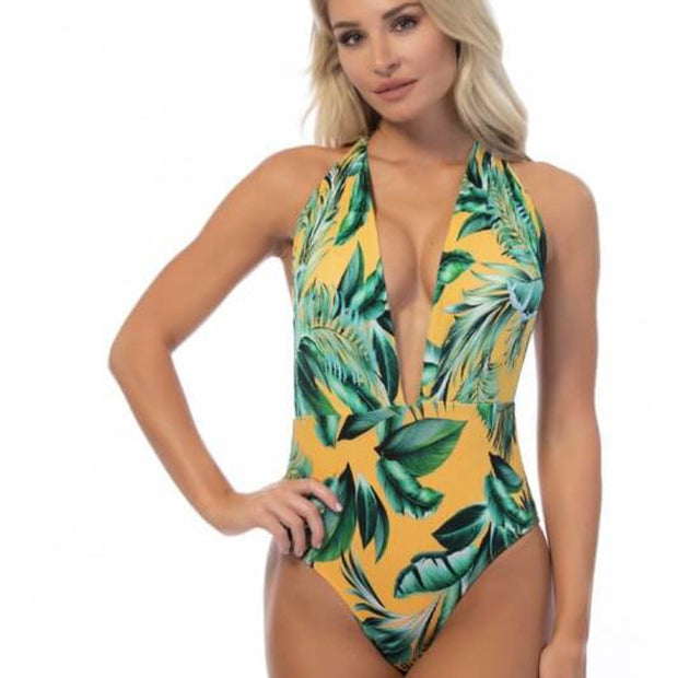 Traje de baño tropical de una pieza acanalado 