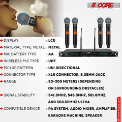 5 Core Wireless Microphone System 4 Channel UHF 492F Range Portable