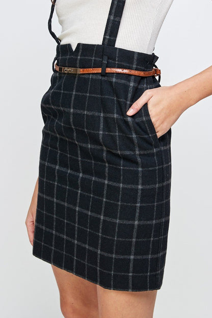 Plaid Suspender Skirt Belted