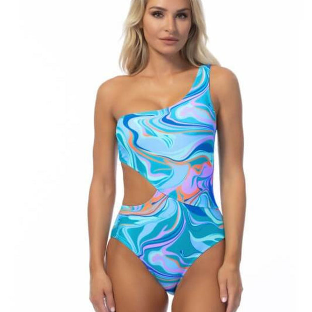 Traje de baño de una pieza con ondas de un solo hombro 
