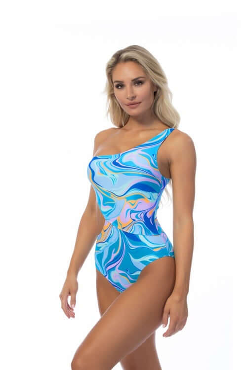 Traje de baño de una pieza con ondas de un solo hombro 