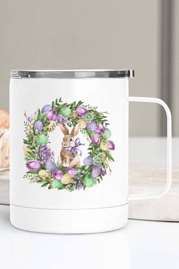 Floral Bunny Wreath Stainless Steel Travel Cup featuring a cute bunny and colorful Easter eggs design.