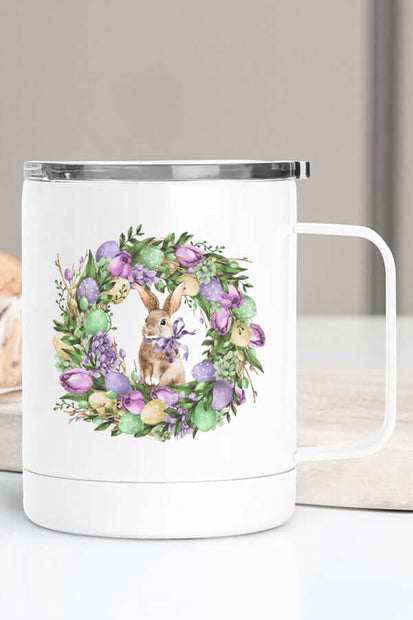 Floral Bunny Wreath Stainless Steel Travel Cup featuring a cute bunny and colorful Easter eggs design.