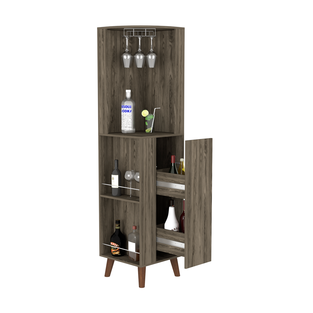 Dark Brown ,Corner Bar Cabinet Plex, Cup Rack, Two External Shelves