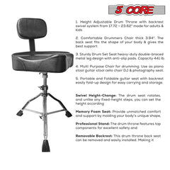 5Core Drum Throne Padded Guitar Stool Backrest Drummer Seat for Adults