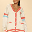 V-Neck Button-Front Knit Cardigan with Contrast Trim