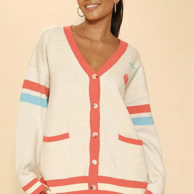 V-Neck Button-Front Knit Cardigan with Contrast Trim