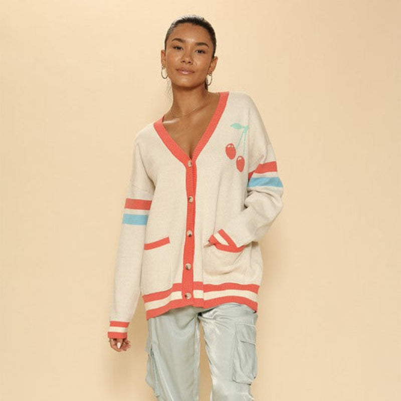 V-Neck Button-Front Knit Cardigan with Contrast Trim