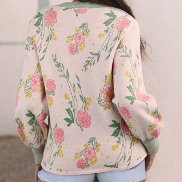 Women’s Floral Knit V-Neck Long Sleeve Sweater