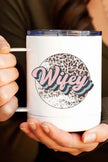 Wifey Leopard Circle Stainless Steel Coffee Travel Cup held in hand, stylish and playful design for commutes and road trips.