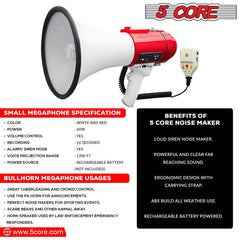 5Core Megaphone Bullhorn Speaker Pro 60W Bull Horn Non Rechargeable