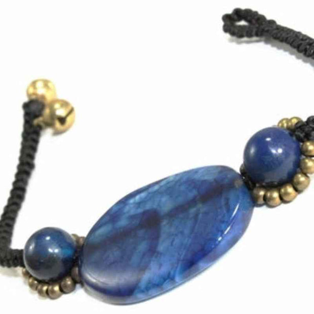 Blue Stone Adjustable Bracelet Black Cord Oval Bead Jewelry