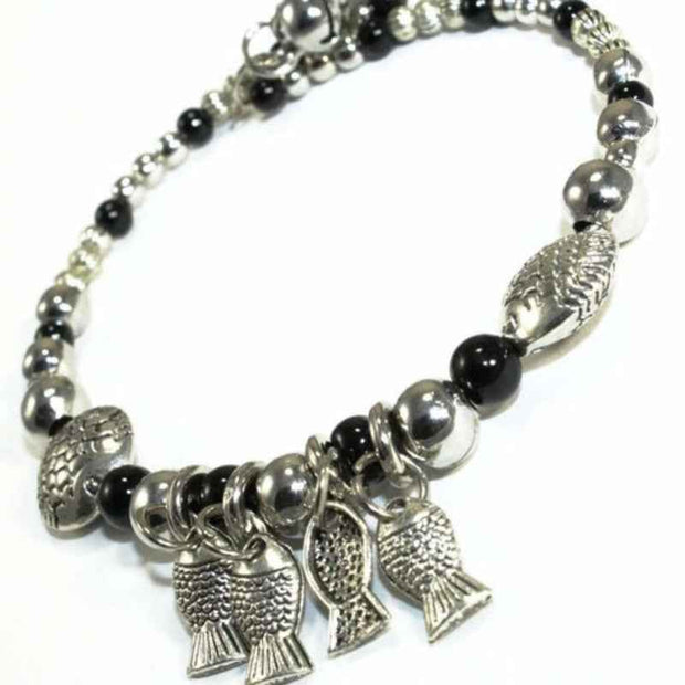 Turquoise Beaded Owl Charm Bracelet Silver Tone Chain Jewelry