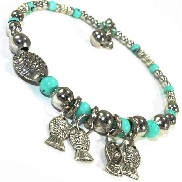 Turquoise Beaded Owl Charm Bracelet Silver Tone Chain Jewelry