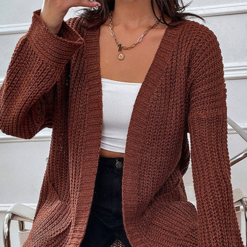 Brown Knit Open-Front Cardigan with Pockets