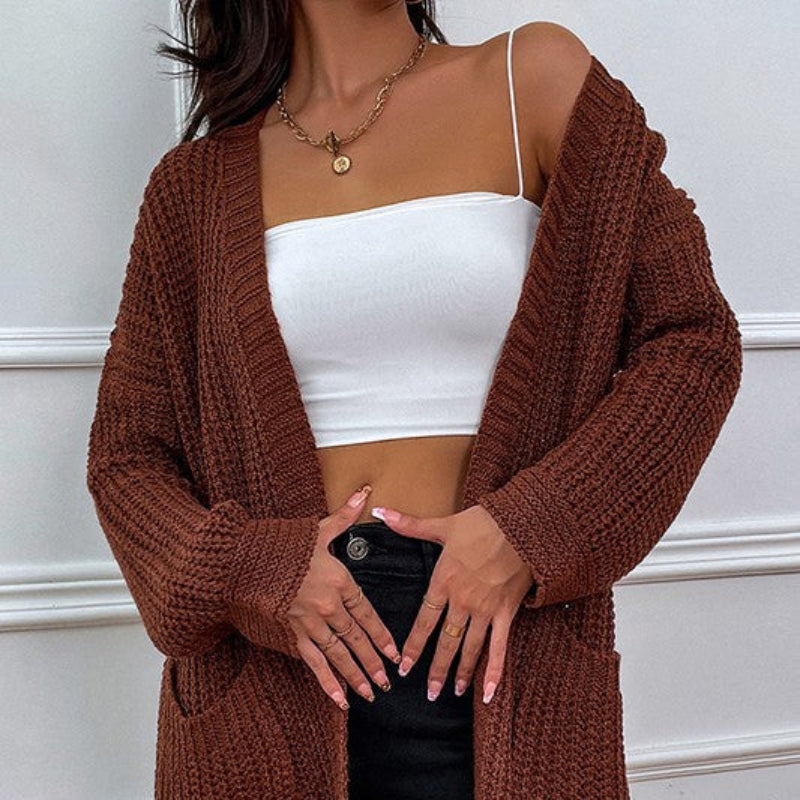 Brown Knit Open-Front Cardigan with Pockets