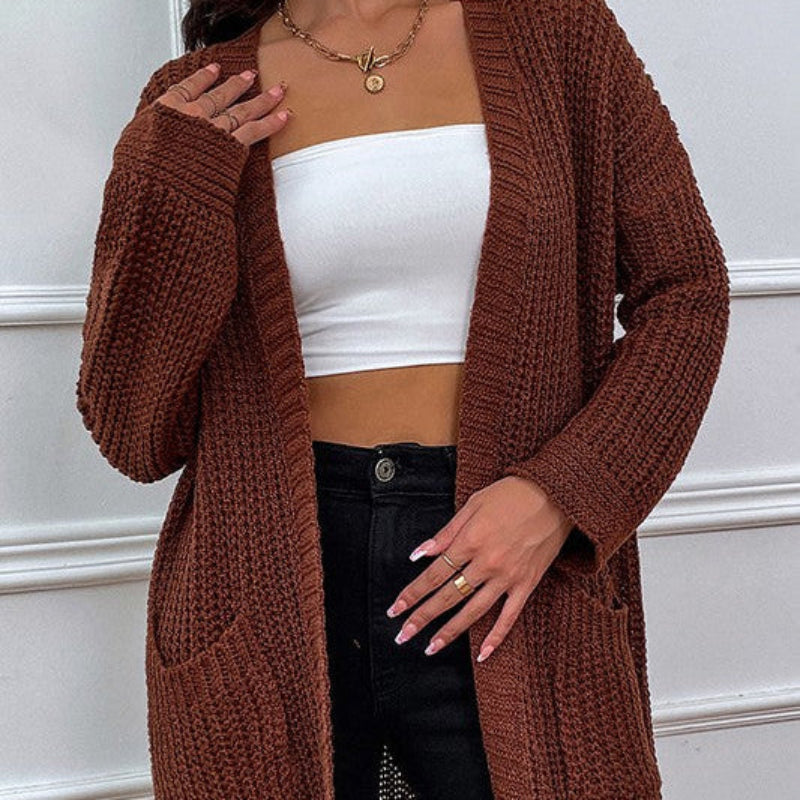 Brown Knit Open-Front Cardigan with Pockets