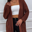 Brown Knit Open-Front Cardigan with Pockets