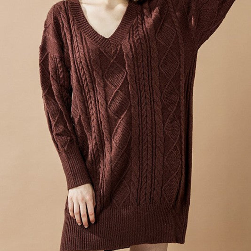 V-Neck Cable Knit Sweater Dress for Women