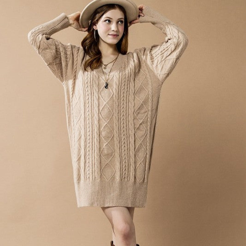 V-Neck Cable Knit Sweater Dress for Women